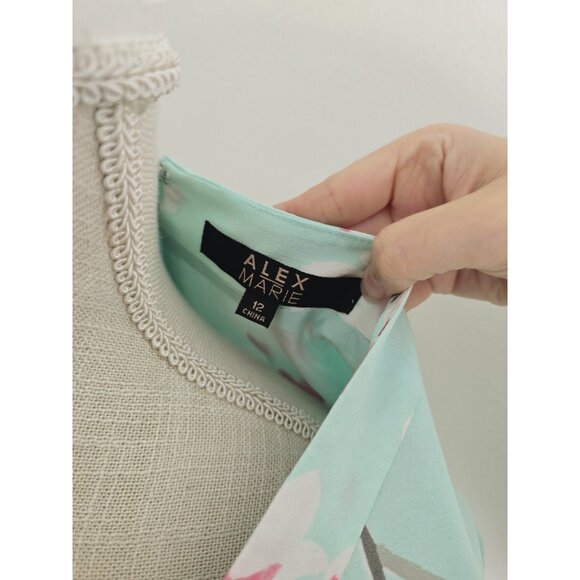 Alex Marie Elise Mint Green Pink Floral Flutter Sleeves V-Neck Dress 12 Large L - Picture 12 of 13